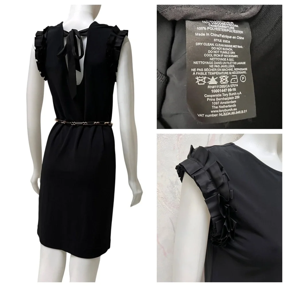 Tory Burch Black Ruffle Shoulder Bow Back Shift Dress Old Money Chic LBD‎ Sz S/P